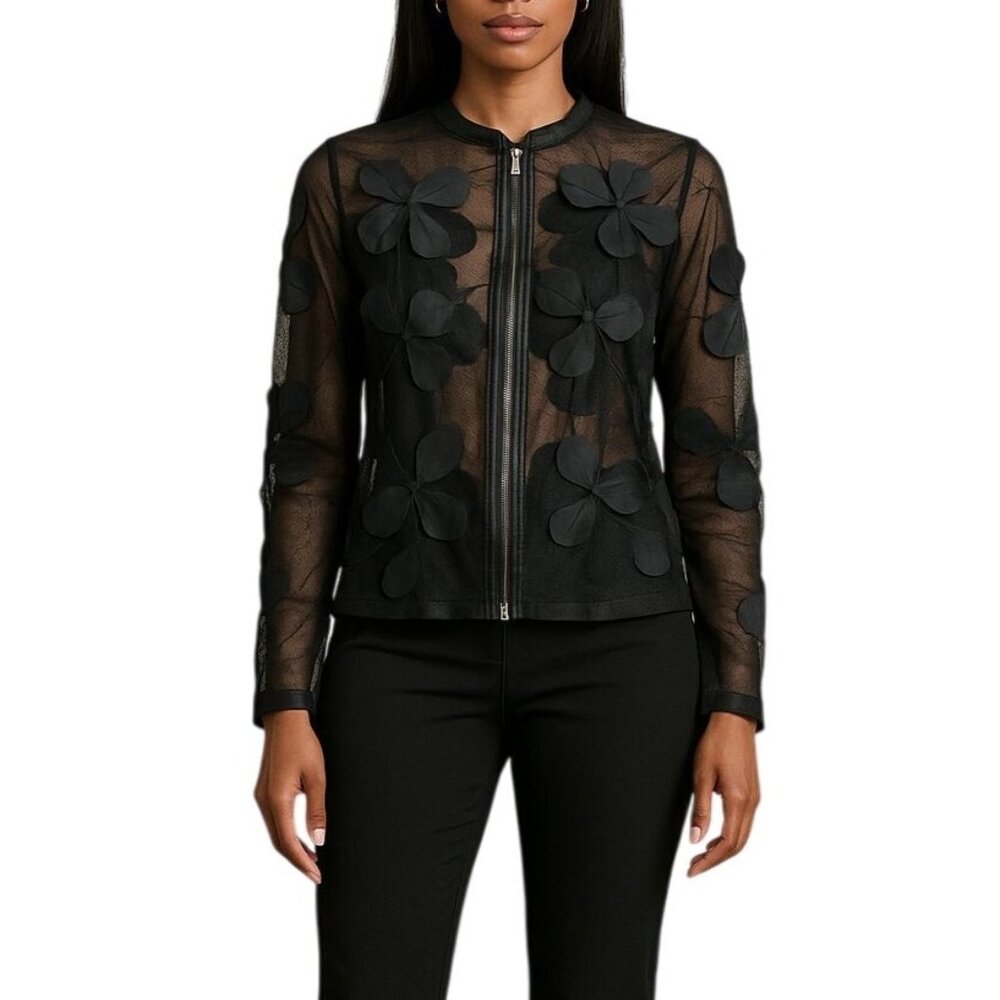 Dolce Cabo Size Medium Jacket Sheer Mesh Floral Black Flower Accents Zip Front
